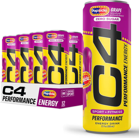 C4 Performance Energy Drink, Cherry Popsicle, Zero Sugar Carbonated Preworkout Energy, 200mg Caffeine with Beta Alanine, 16 Fl Oz (12 Pack)