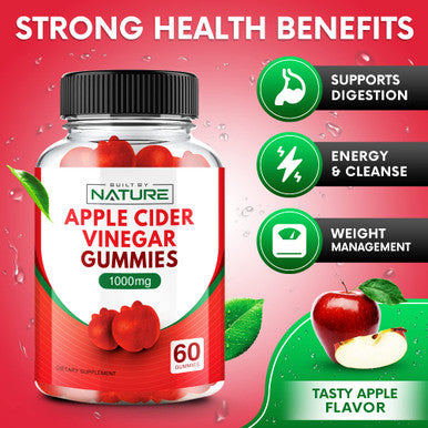 Built Nature Apple Cider Vinegar Gummies 1000Mg - Vitamin B12, Beetroot, Pomegranate, Natural Digestion, Detox, Weight Management & Immune Health - Raw Acv With The Mother, Vegan, Non-Gmo, Gluten-Free, 60 Gummies