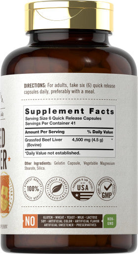 Grassfed Beef Liver Capsules 4500mg | 250 Count | Desiccated Supplement | Non-GMO, Gluten Free | by Herbage Farmstead
