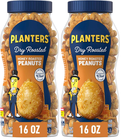 PLANTERS Honey Roasted Peanuts, Plant Based Protein Snacks, 16 Oz (1 Ct) | Roasted Sweet & Salty Nuts. Kosher. Resealable Jar. Snacks for Adults. Party Mix, Party Snacks