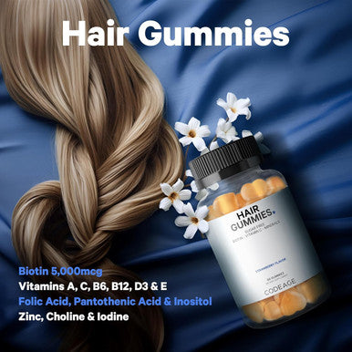 Codeage Hair Gummies Biotin 5000 mcg Sugar Growth Gummy Vitamins A C B6 B12 D3 Zinc Inositol Supplement Women & Men Pantothenic Folic Acid Nails Skin Strawberry Coconut Flavor 60 ct