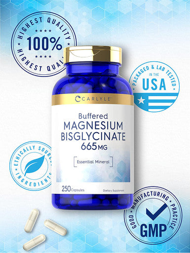 Buffered Magnesium Bisglycinate 665 mg | 250 Capsules | Chelated Essential Mineral | Non-GMO and Gluten Free Supplement | by Carlyle