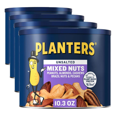 PLANTERS Lightly Salted Mixed Nuts, Plant Based Protein, 10.3 Oz (1 Ct) | Mixed Nuts: Almonds, Cashews, Peanuts, Pecans, Brazil Nuts. Snacks for Adults. Resealable Canister. Party Snack