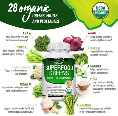 Organic Super Greens Capsules Superfood Fruit Veggie Supplement - 28 Powerful Natural Ingredients With Alfalfa, Beet Root, Tart Cherry & Ginger For Immune & Energy Support, For Men Women, 60 Tablets