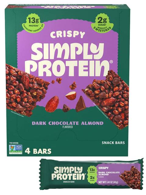 Simply Protein - Dark Chocolate Almond Crispy Bars - Plant Based Protein Bars - Low Carb, Low Sugar, High Fiber - 13g Protein, 2g Sugar, 7g Fiber - Vegan, Gluten Free, Non GMO, Kosher - 32 Bars