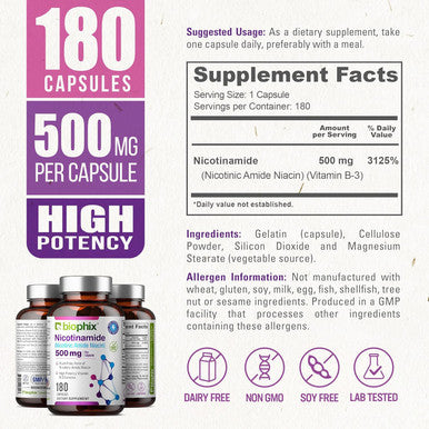 Biophix B-3 Nicotinamide 500 Mg 180 Caps - Nicotinic Amide Niacin Natural Flush- Vitamin Formula - Supports Skin Cell Health