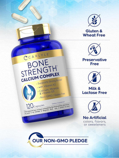 Carlyle Bone Strength Calcium Complex Supplement With Vitamin D3, Magnesium, K2, Zinc & Boron 120 Capsules Non-Gmo, Gluten Free