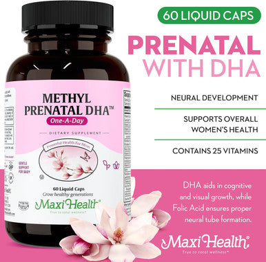 Maxi Health - Methyl Prenatal DHA Prenatal Vitamins Women - Doctor Formulated Kosher Gluten Prenatal Multivitamin with 25 Nutrients Including DHA Folic Acid & More 60 Liquid Caps