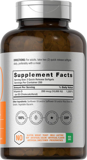 HorbAach Vitamin D3 10000 Iu 500 Softgels Non-Gmo, Gluten Supplement Value Size 250Mcg High Potency Formula