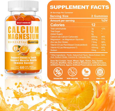 Calcium Magnesium Zinc Gummies For Adult: With Vitamin D3 K2 For Women Men Organic Sugar Vegan Chewable Gummy - High Absorption For Immune Strength(60 Count)