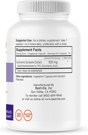 Bestvite Gymnema Sylvestre 500mg (120 Vegetarian Capsules) - Standardized to 75% Gymnemic Acid - No Stearates - No Fillers - No Flow Agents- Vegan - Non GMO - Gluten
