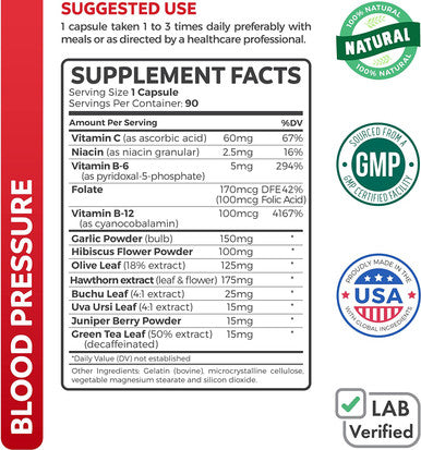 Blood Pressure Support Supplement NonGMO Premium Natural Herbs Vitamins Berries High Dosage of Hawthorn Extract Berry Lower Pills 90 Capsules