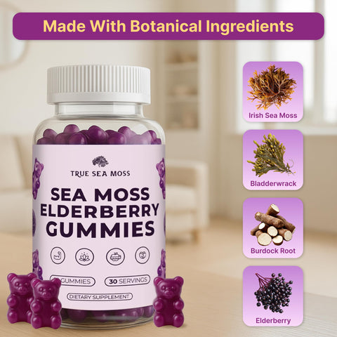 Trueseamoss Sea Moss Gummies With Elderberry Burdock Root & Bladderwrack For Adults & Kids 4 Fruity Flavor 60 Gummies