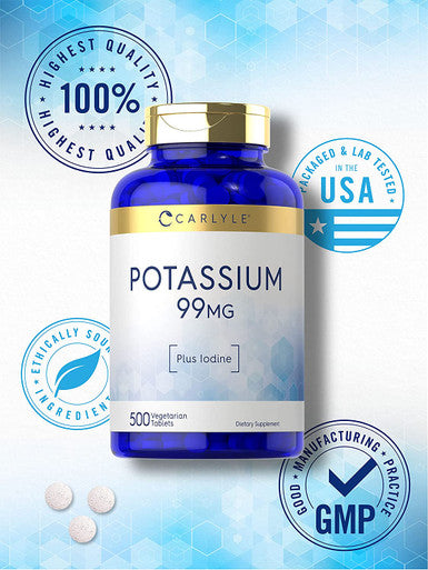 Potassium 99mg | Plus Iodine | 500 Vegetarian Tablets | Non-GMO and Gluten Free Dietary Supplement | by Carlyle