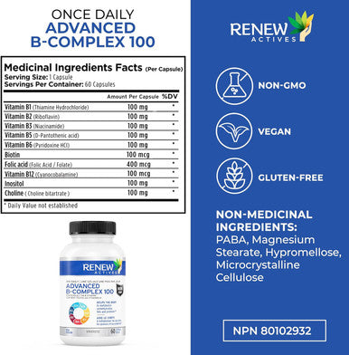 Renew Actives Vitamin B Complex 100: Advanced Comprehensive Wellness - 100% Of B1, B2, B3, B5, B-6, B-12. Promotes Normal Growth, Tissue Formation, & Liver Function - Essential For Health - 60 Caps