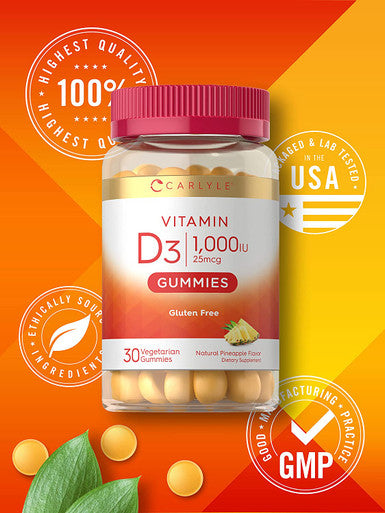 Carlyle Vitamin D3 Gummies | 1000 IU (25 mcg) | 30 Count | Vegetarian, Non-GMO, and Gluten Free Formula | Natural Pineapple Flavor