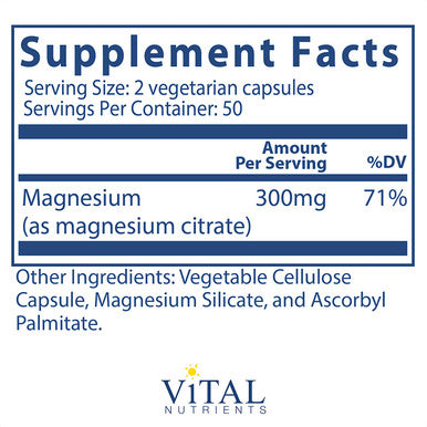 Vital Nutrients Magnesium Citrate Magnesium for Enhanced Absorption Gluten Free Vegan Formula 100 Vegetarian Capsules per Bottle 150 mg
