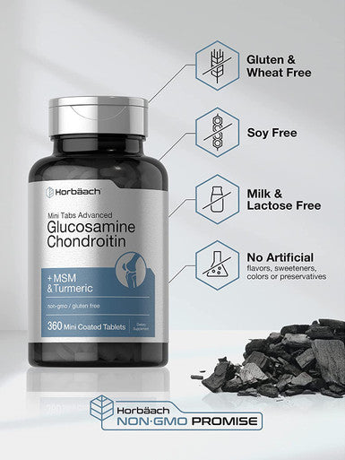 Advanced Glucosamine Chondroitin MSM Plus Turmeric | 360 Mini Coated Tablets | Non-GMO and Gluten Free Supplement | by Horbaach