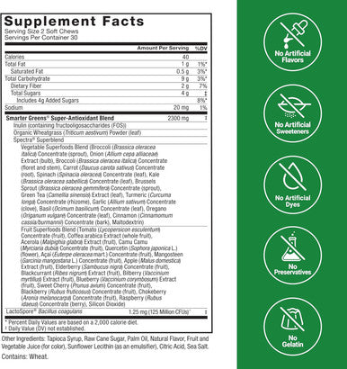 Force Factor Smarter Greens Superfood Chews, Greens And Superfoods With Probiotics, Antioxidants, And Fiber, Greens Supplement To Support Digestion, Nitric Oxide, And Energy, 60 Soft Chews