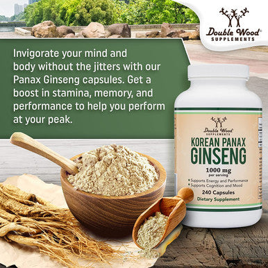 Panax Ginseng Korean Red Variety 4 Month Supply 240 Vegan Capsules 1000mg per Serving for Mood Cognitive Function and Energy Support by Double Wood Supplements
