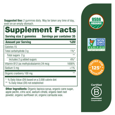MegaFood B12 Energy Gummies - Vitamin B12 - Supports Energy Metabolism - B12 Gummies For Adults - Methylcobalamin B12- Vegan Supplement Certified Organic Non Gmo- Cranberry- 70 Gummies 35 Servings