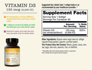 NatureWise Vitamin D3 5000iu 125 mcg 1 Month Supply for Healthy Muscle Function Bone Health and Immune Support NonGMO Gluten Free in ColdPressed Olive Oil Packaging May Vary 30 Count