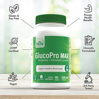 GlucoPro Max with Berberine Chromium and Cinnamon Healthy Glucose Support Vegan NonGMO and Gluten Free by Health Thru Nutrition Pack of 180