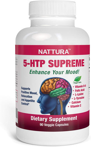 Nattura 5-HTP Supreme - for Positive Mood Relaxation and Appetite Control - with 5-HTP L-Tyrosine L-Lysine Vitamin B6 Folate (Folic Acid) Vitamin C (Ascorbic Acid) Calcium - 90 Capsules