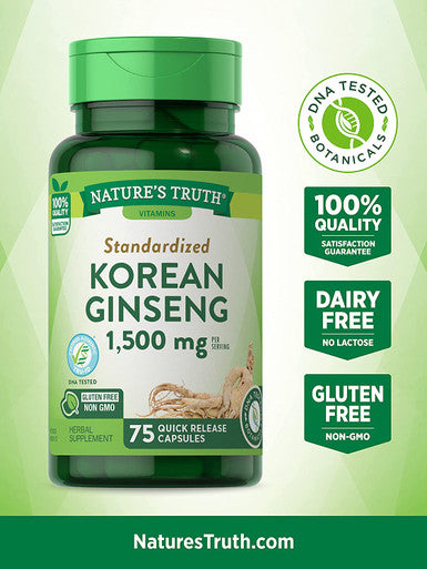 Korean Ginseng Capsules | 75 Count | Standardized Extract from Ginseng Root | Non-GMO, Gluten Supplement | by Nature's Truth