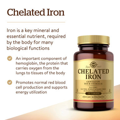 Solgar - Chelated Iron Tablets 100 Count Promotes Red Blood Cell Production & Produces Healthy Energy - 2 Pack
