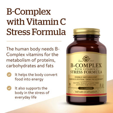 Solgar B-Complex With Vitamin C Stress Formula 250 Tablets - Energy Metabolism Nervous System & Immune Support - Non-Gmo Vegan Gluten Free Dairy Free Kosher Halal - 125 Servings