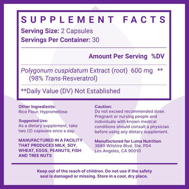 Luma Nutrition High Purity Resveratrol Capsules - 98% Trans-Resveratrol - Reservatrol Supplement - Antioxidant - Usa - 60 Capsules