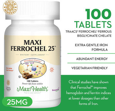 Maxi Health Maxi Iron Supplement - Gentle Iron Supplements for Men & Women - Ferrous Fumarate - Ferrochel 25 MG for Anemia & Red Blood Cell Production - Chelated Iron Pills - 100 Kosher Tablets by Maxi Health
