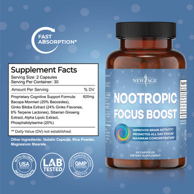 Nootropic Capsules by New Age-Brain Supplement Nootropics Booster -Enhance Focus -Boost Concentration-Improve Memory & Clarity for Men & Women ÃƒÂ¢Ã¢â€šÂ¬Ã¢â‚¬Å“with Bacopa Monnieri & Gingko Bilboa-120 Count ÃƒÂ¢Ã¢â€šÂ¬Ã¢â‚¬Å“2 Pack