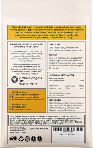 INNOPURE Vitamin D3 4,000IU & K2 MK-7 Natto Derived, 100Ãƒâ€šÃ‚Âµg - 120 Tablets - 4 Months Supply - Approved by The Vegetarian Society - UK Made by Innopure