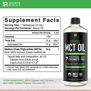 Sports Research Keto MCT Oil from Organic Coconuts Fatty Acid Fuel for Body Brain Dual Ingredient C8 and C10 MCTs Perfect in Coffee Tea More NonGMO Vegan Unflavored 40 Oz