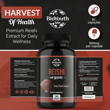 Bioyouth Organic Reishi Mushroom Capsules Supplement | Non-GMO & Allergen- | 90 Capsules (1-Month Supply)