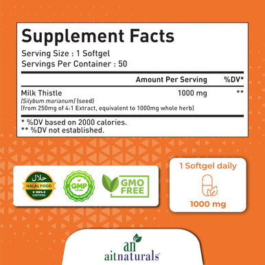 Aitnaturals Milk Thistle 1000mg - 50 Softgels Supports Healthy digestion Enhanced Liver Health Detoxification & Weight Management Boost Immune System Antioxidant Support & Toxin Removal | Non-GMO