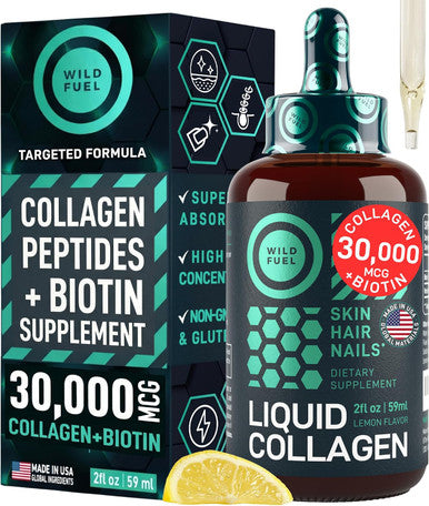 WILD FUEL Liquid Collagen Peptides with Biotin Drops Biotin and Collagen Liquid for Women and Men Youthful Skin Hair GrowthStrong Nails Hair Vitamins for Hair Loss