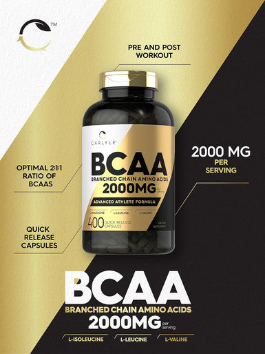 Carlyle BCAA Amino Acids Capsules | 2000mg | 400 BCAA Capsules | Non-GMO Gluten Branch Chain Amino Acids Supplements