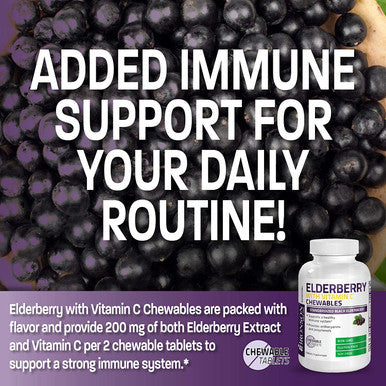 BRONSON Elderberry Chewables with Vitamin C - Berry - 60 Vegetarian Tablets- Adults and Kids Immune Support