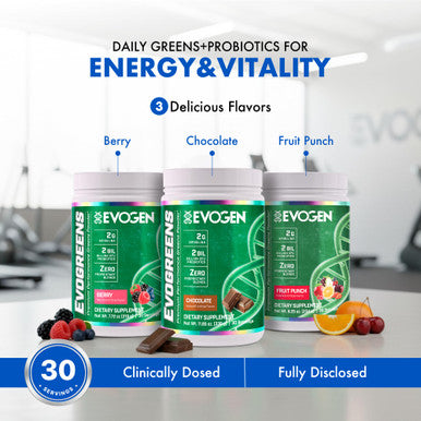 Evogen Evogreens - Super Greens Powder | Promotes Recovery Wellness & Immune Health | Greens Superfood Powder with Spirulina Probiotics Pomanox Pomegranate Extract | Berry | 30 Servings