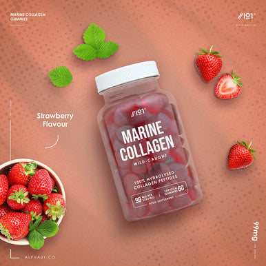Marine Collagen Gummies - Wild-Caught Marine - Made with Organic Tapioca - High Potency Hydrolysed Marine Collagen Gummies - Type 1 Hydrolysed Collagen - Strawberry Flavour - 60 Gummies.