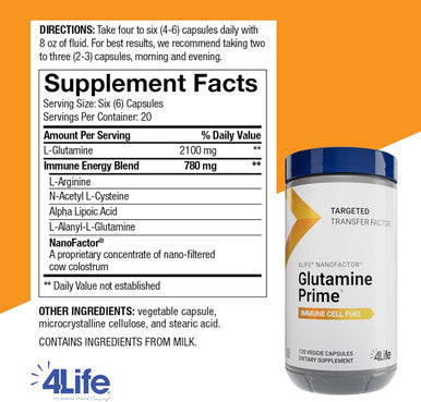 4Life Glutamine Prime - Fuel Your Immune Cells with Glutamine and Enhance Cell Communication with NanoFactor - Immune System Support - Overall Wellness and Energy Boost - 120 Veggie Capsules
