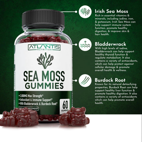Irish Sea Moss Gummies 3000MG Formulated w/ Irish Sea Moss Bladderwrack and Burdock Root Contain Essential Vitamin and Mineral AntioxidantRich Superfood Supplement 60 Sea Moss Gummies for Adults