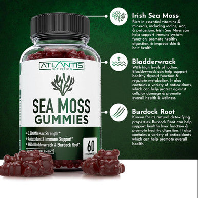 Irish Sea Moss Gummies - 3000Mg - Formulated W/ Irish Sea Moss, Bladderwrack & Burdock Root, Contain Essential Vitamin & Mineral - Antioxidant-Rich Superfood Supplement, 60 Sea Moss Gummies For Adults