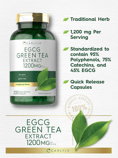 Carlyle EGCG Green Tea Extract Supplement | 1200mg | 200 Capsules | Non-GMO and Gluten