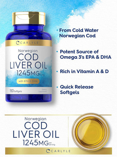 Carlyle Norwegian Cod Liver Oil with EPA & DHA | 1245mg | 150 Softgels | Liquid Capsules | Non-GMO & Gluten Supplement