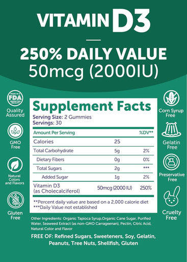 Lunakai Usa Made Vitamin D3 Gummies 2000 Iu - Non-Gmo, Gluten-Vitamin D Gummies For Women & Men - Bone, Immune & Energy Support, 60Ct