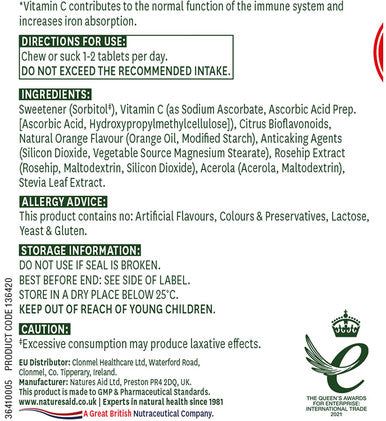 Natures Aid Chewable Vitamin C 500 mg Sugar Free Suitable for Vegans 100 Tablets